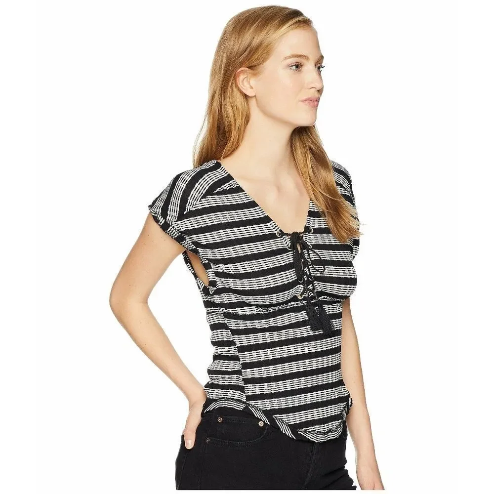 New! FREE PEOPLE Women's Striped Tassel Lace-Up V-Back Top Blouse Size Large - Picture 4 of 5